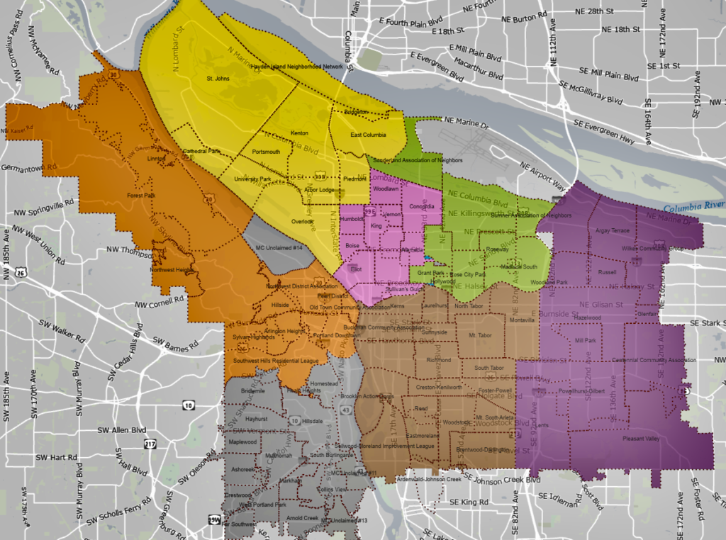 Portland Maps image showing city with all it's neighborhoods and associated District Coalitions