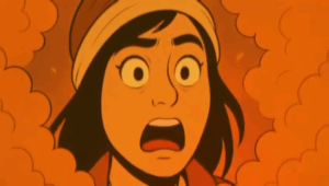 A piece of AI art, likely prompted by Brandon Farley, showing a shocked cartoonish representation of Almosa, surrounded by an orange cloud of pepper spray. The picture was lifted by a video produced by Almosa and Farley